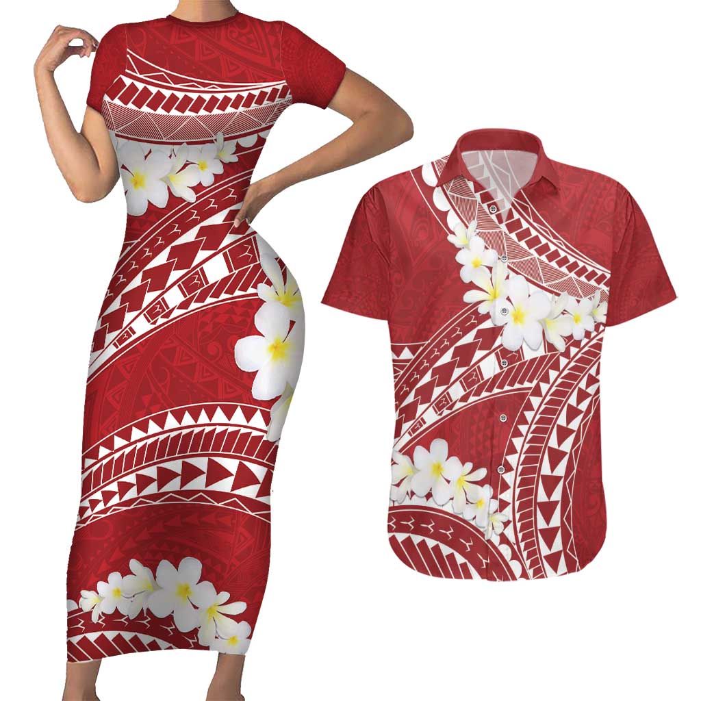 Polynesian Vintage Floral Couples Matching Short Sleeve Bodycon Dress and Hawaiian Shirt Scarlet Motifs LT7 Scarlet - Polynesian Pride