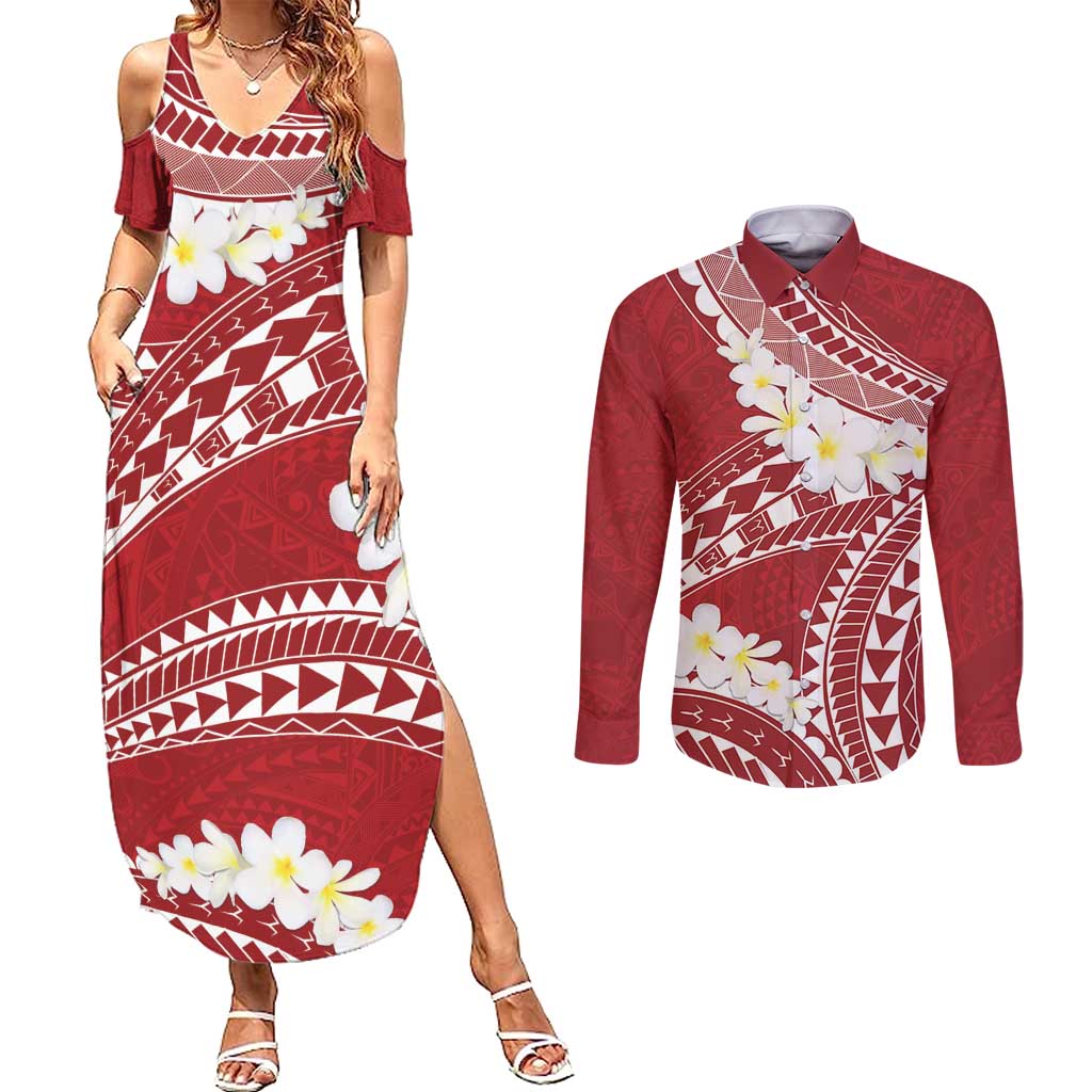 Polynesian Vintage Floral Couples Matching Summer Maxi Dress and Long Sleeve Button Shirt Scarlet Motifs - Polynesian Pride