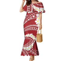 Polynesian Vintage Floral Family Matching Mermaid Dress and Hawaiian Shirt Scarlet Motifs LT7 Mom's Dress Scarlet - Polynesian Pride