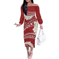 Polynesian Vintage Floral Family Matching Off The Shoulder Long Sleeve Dress and Hawaiian Shirt Scarlet Motifs LT7 Mom's Dress Scarlet - Polynesian Pride