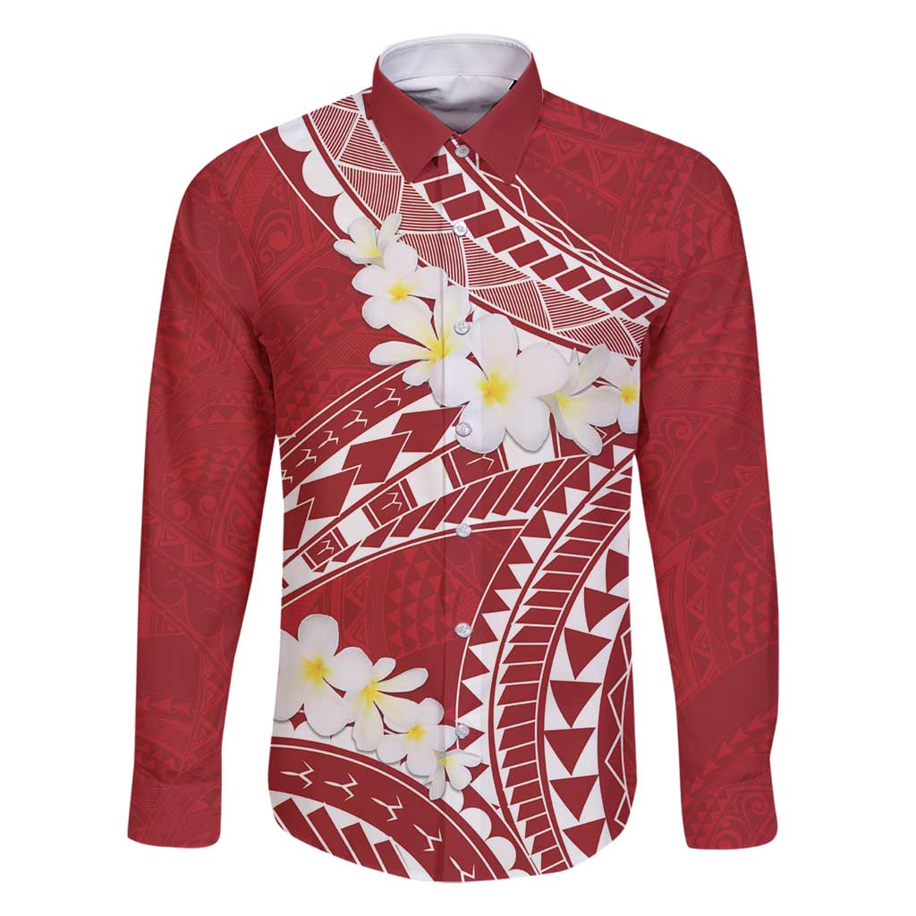 Polynesian Vintage Floral Family Matching Off Shoulder Maxi Dress and Hawaiian Shirt Scarlet Motifs LT7 Dad's Shirt - Long Sleeve Scarlet - Polynesian Pride