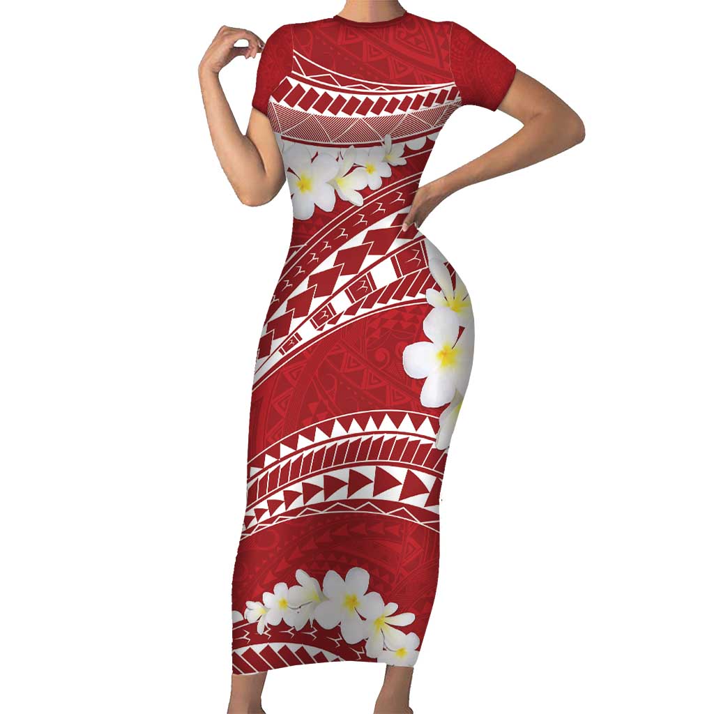 Polynesian Vintage Floral Family Matching Short Sleeve Bodycon Dress and Hawaiian Shirt Scarlet Motifs LT7 Mom's Dress Scarlet - Polynesian Pride