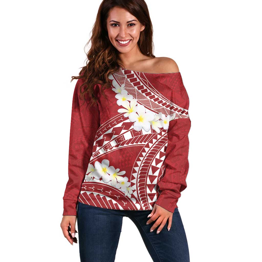 Polynesian Vintage Floral Off Shoulder Sweater Scarlet Motifs LT7 Women Scarlet - Polynesian Pride