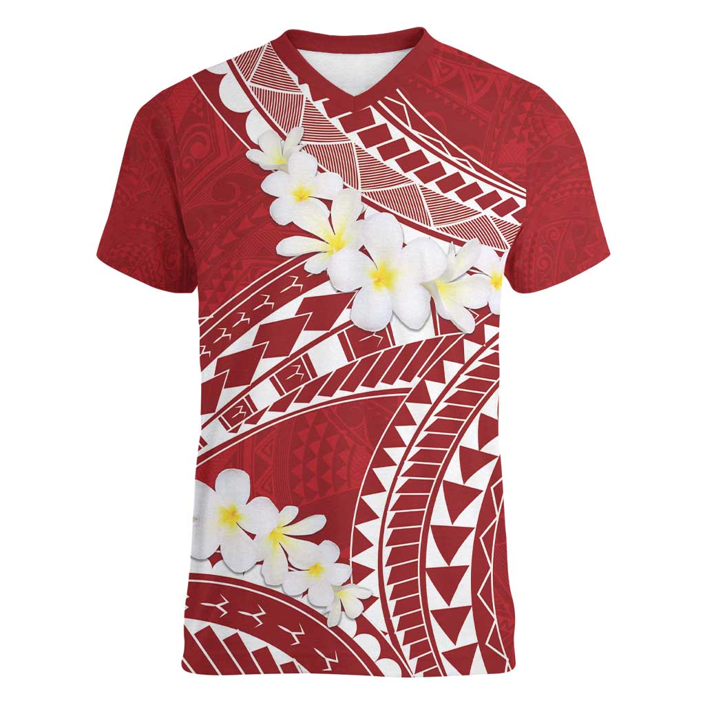 Polynesian Vintage Floral Women V-Neck T-Shirt Scarlet Motifs - Polynesian Pride
