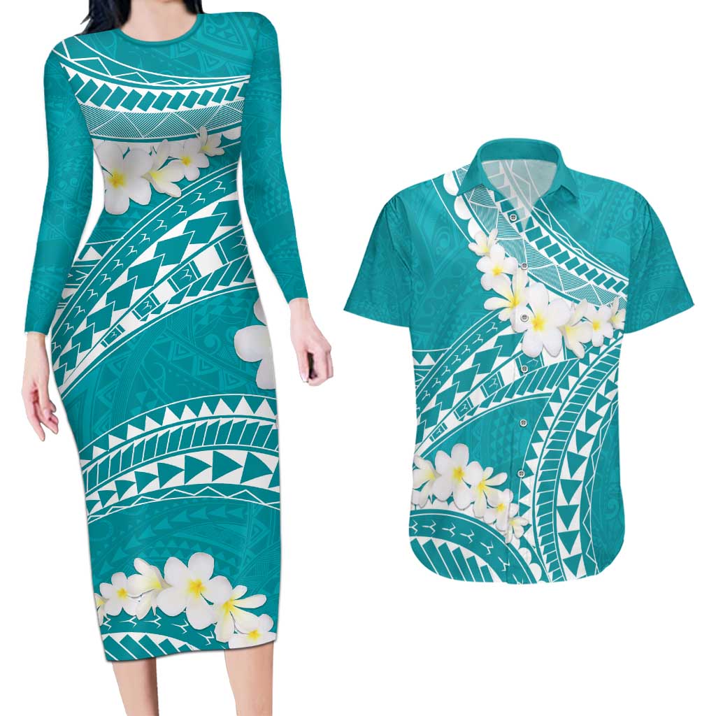Polynesian Vintage Floral Couples Matching Long Sleeve Bodycon Dress and Hawaiian Shirt Teal Motifs LT7 Teal - Polynesian Pride