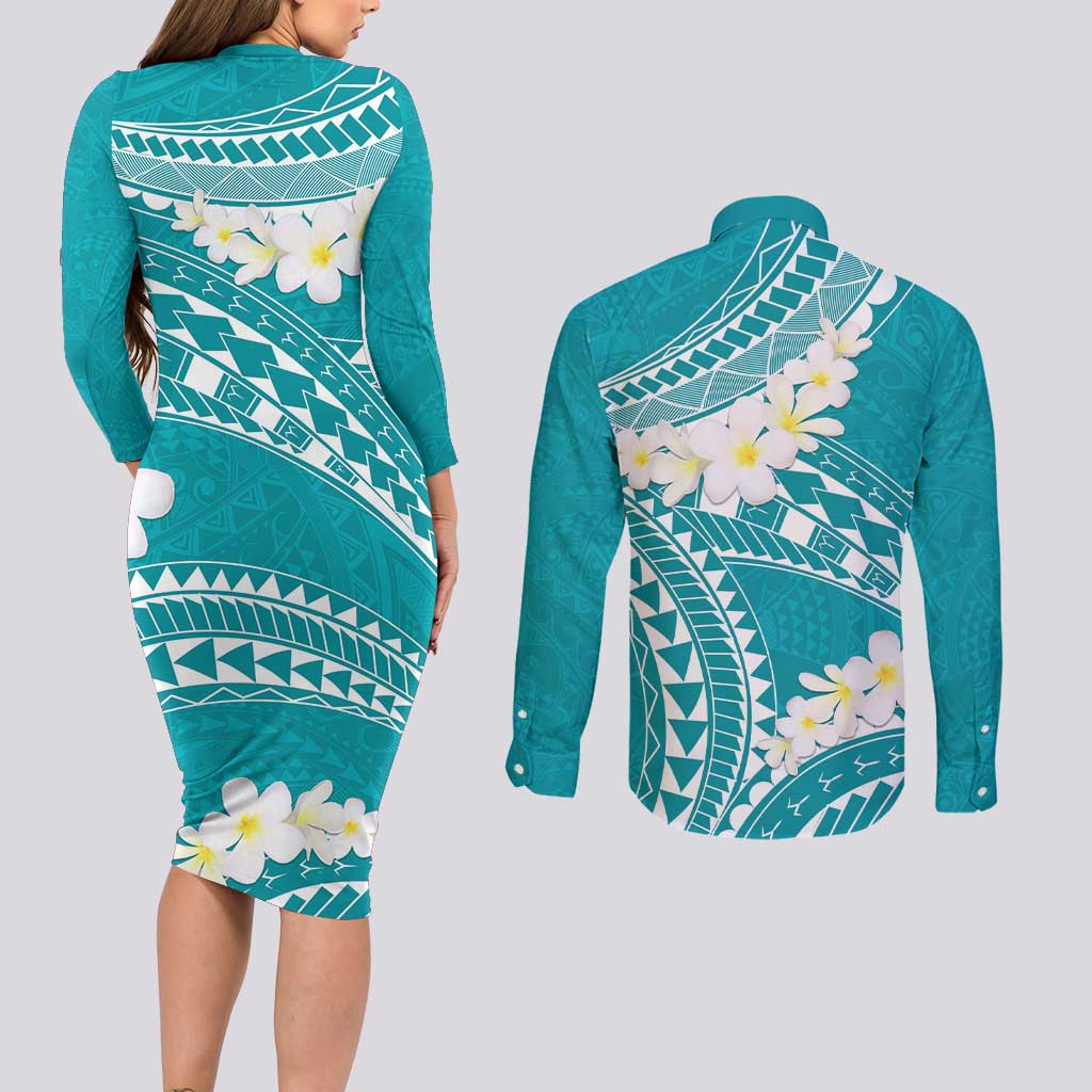 Polynesian Vintage Floral Couples Matching Long Sleeve Bodycon Dress and Long Sleeve Button Shirt Teal Motifs - Polynesian Pride