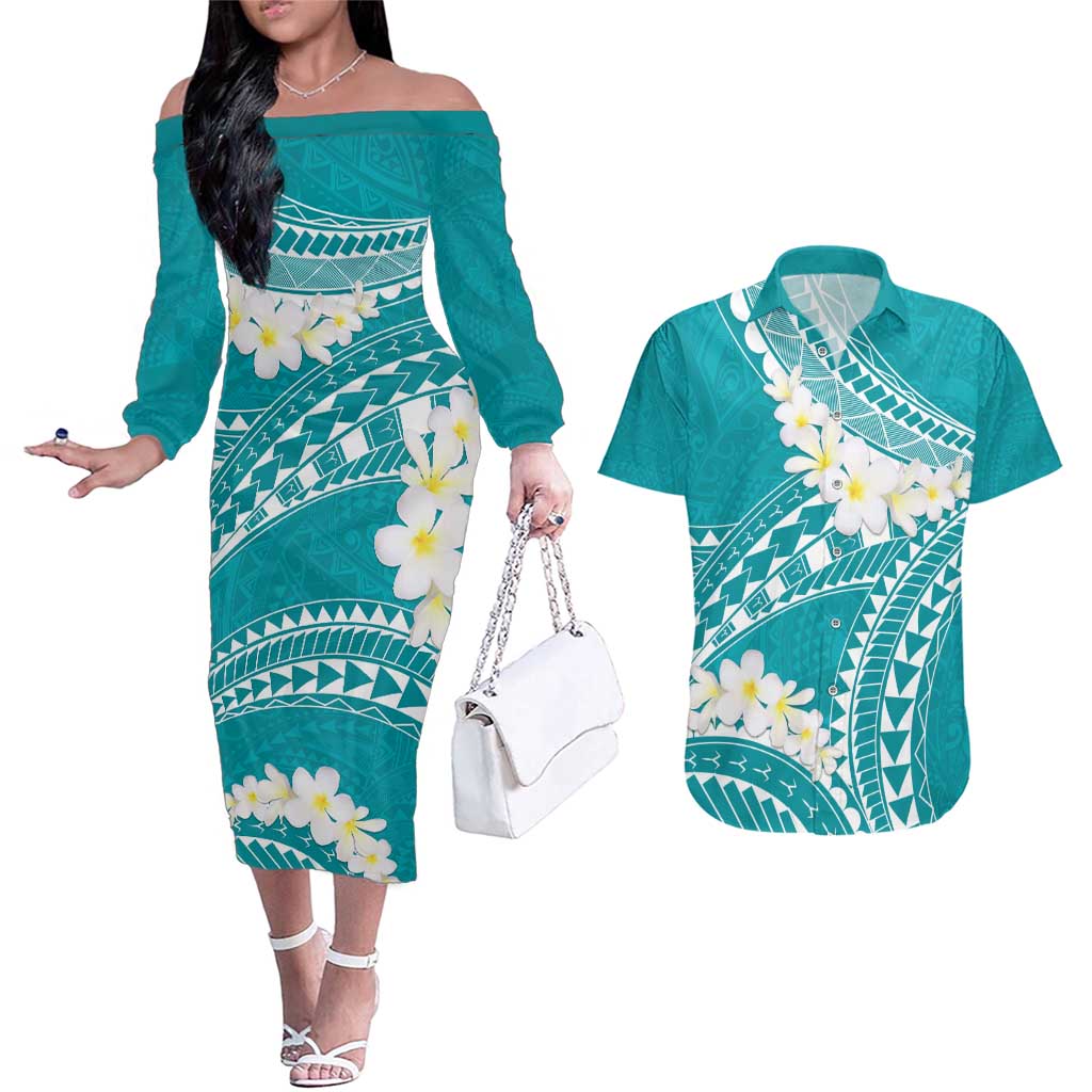 Polynesian Vintage Floral Couples Matching Off The Shoulder Long Sleeve Dress and Hawaiian Shirt Teal Motifs LT7 Teal - Polynesian Pride