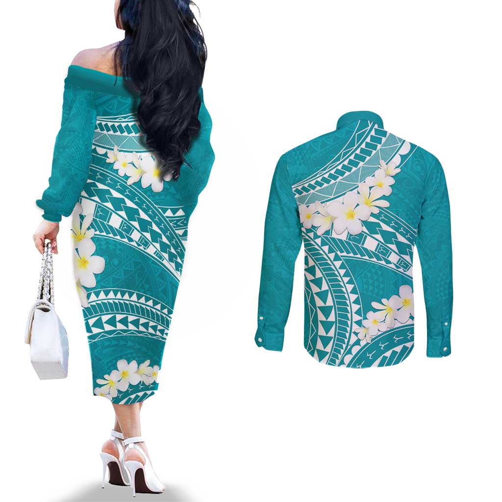 Polynesian Vintage Floral Couples Matching Off The Shoulder Long Sleeve Dress and Long Sleeve Button Shirt Teal Motifs - Polynesian Pride