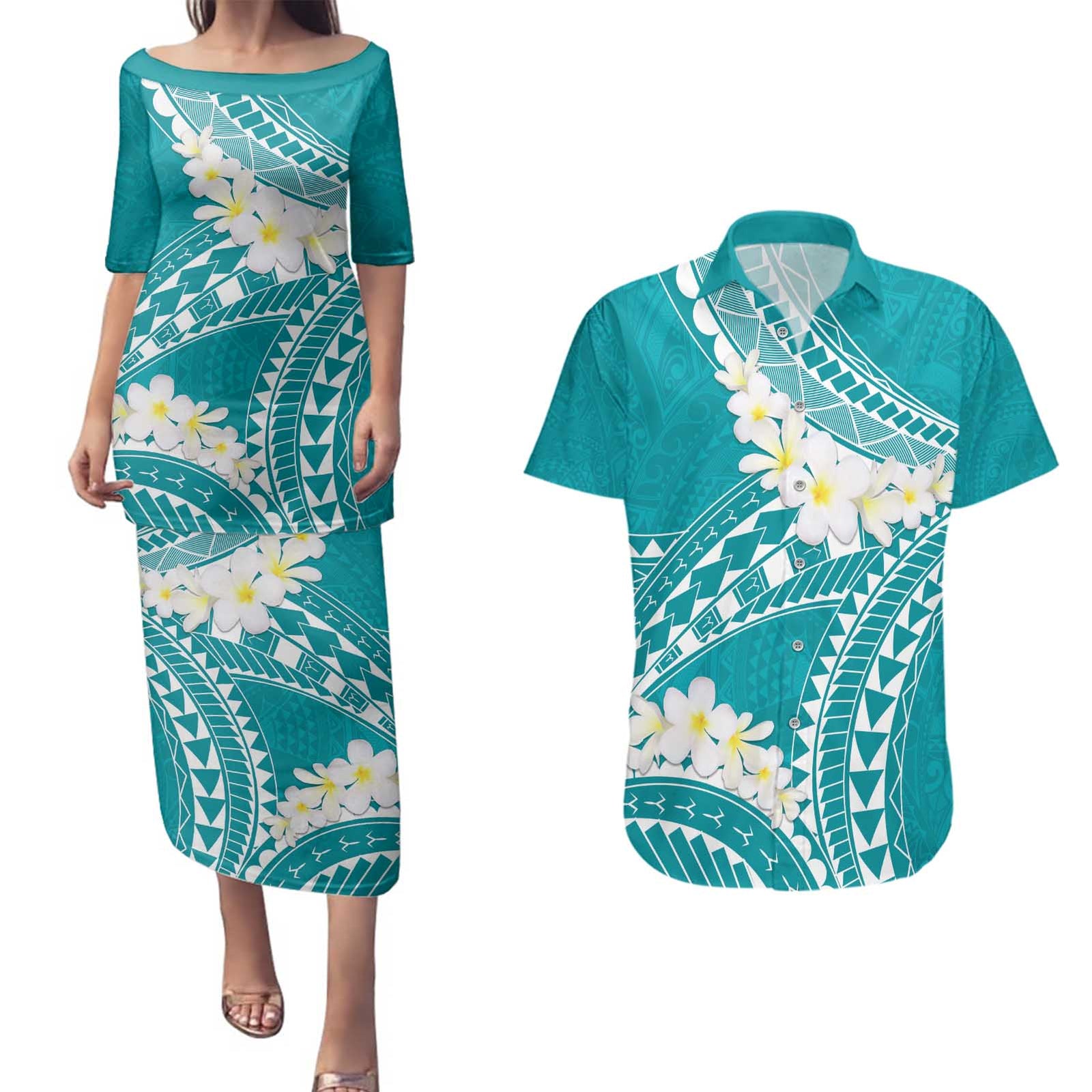 Polynesian Vintage Floral Couples Matching Puletasi and Hawaiian Shirt Teal Motifs LT7 Teal - Polynesian Pride