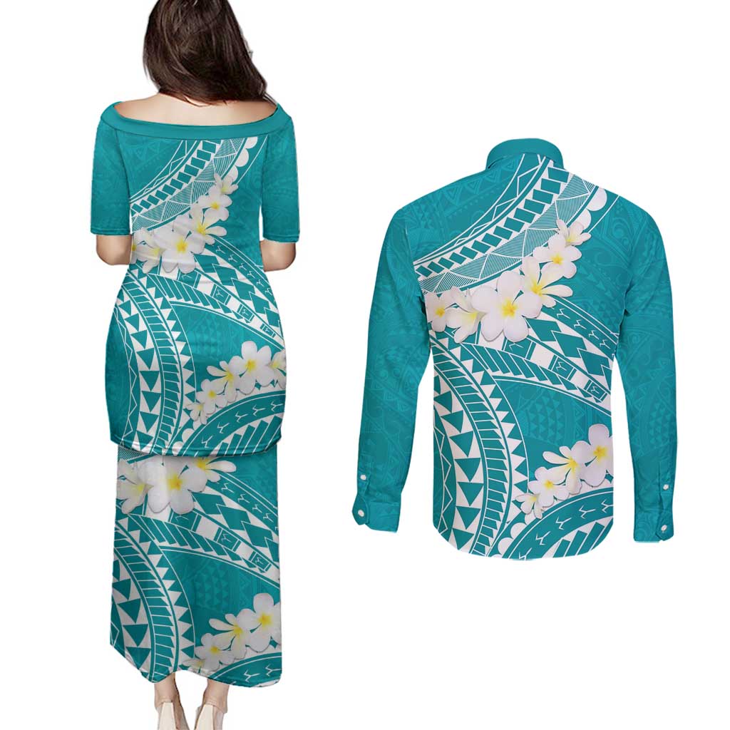Polynesian Vintage Floral Couples Matching Puletasi and Long Sleeve Button Shirt Teal Motifs - Polynesian Pride
