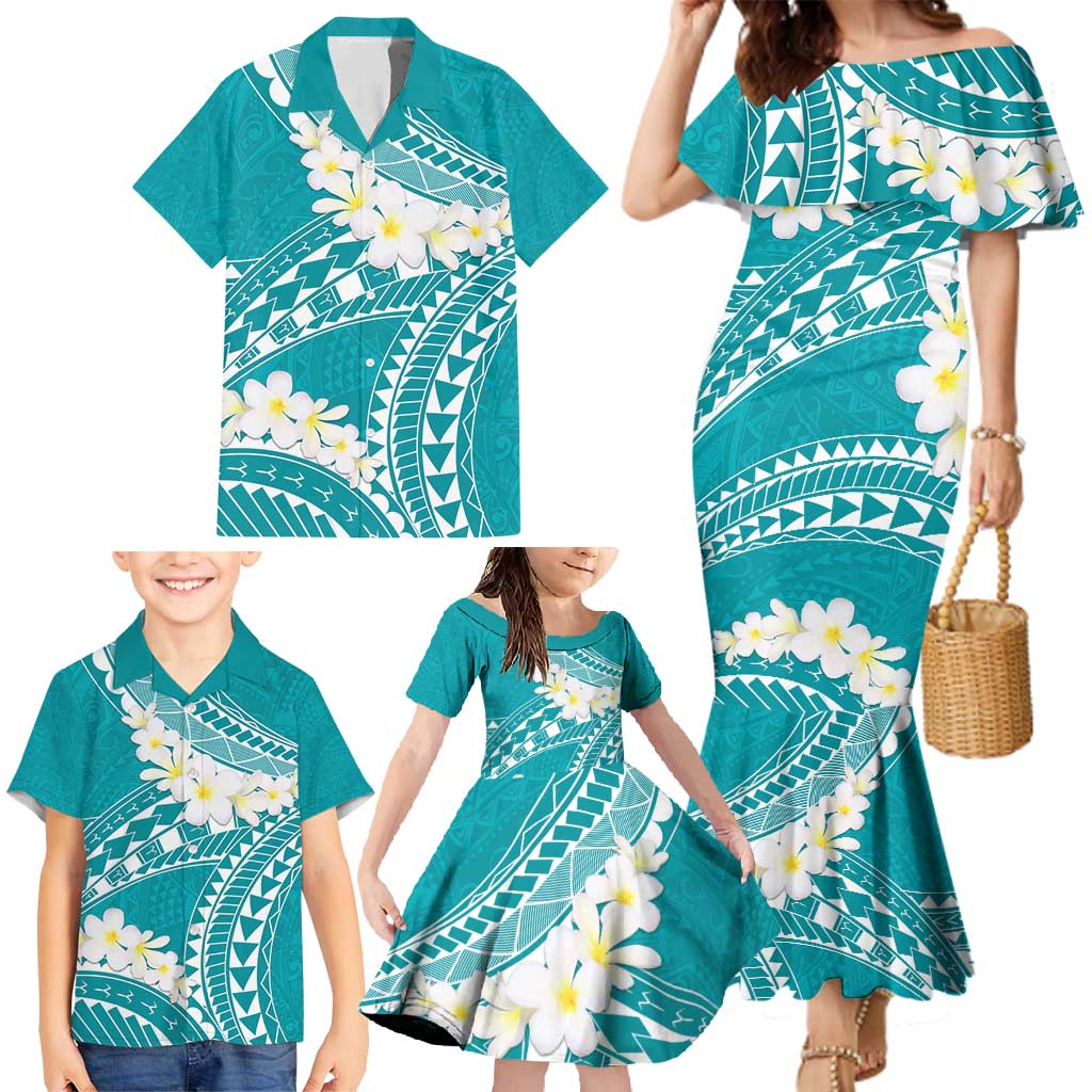 Polynesian Vintage Floral Family Matching Mermaid Dress and Hawaiian Shirt Teal Motifs LT7 - Polynesian Pride