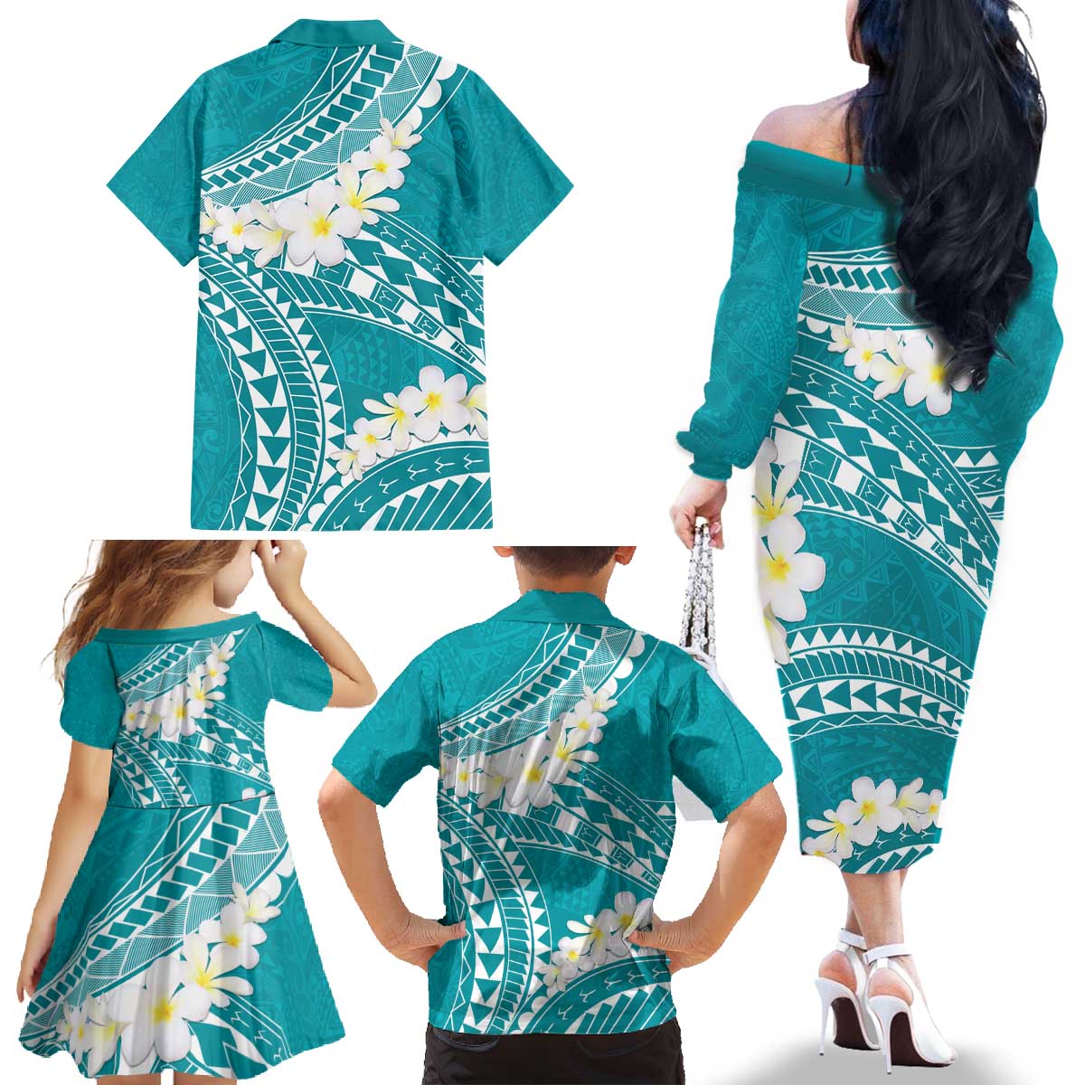 Polynesian Vintage Floral Family Matching Off The Shoulder Long Sleeve Dress and Hawaiian Shirt Teal Motifs LT7 - Polynesian Pride