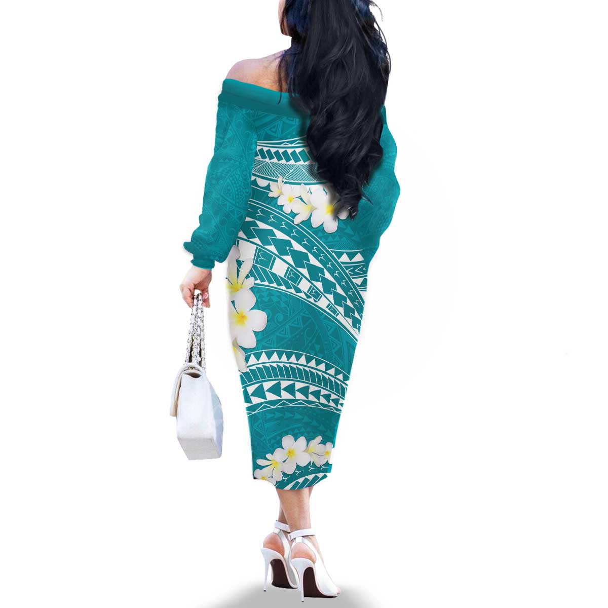 Polynesian Vintage Floral Family Matching Off The Shoulder Long Sleeve Dress and Hawaiian Shirt Teal Motifs LT7 - Polynesian Pride