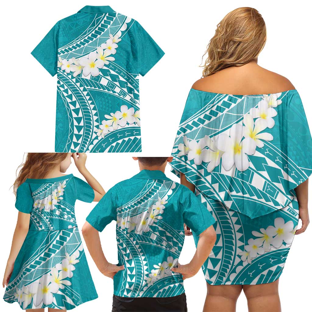 Polynesian Vintage Floral Family Matching Off Shoulder Short Dress and Hawaiian Shirt Teal Motifs LT7 - Polynesian Pride