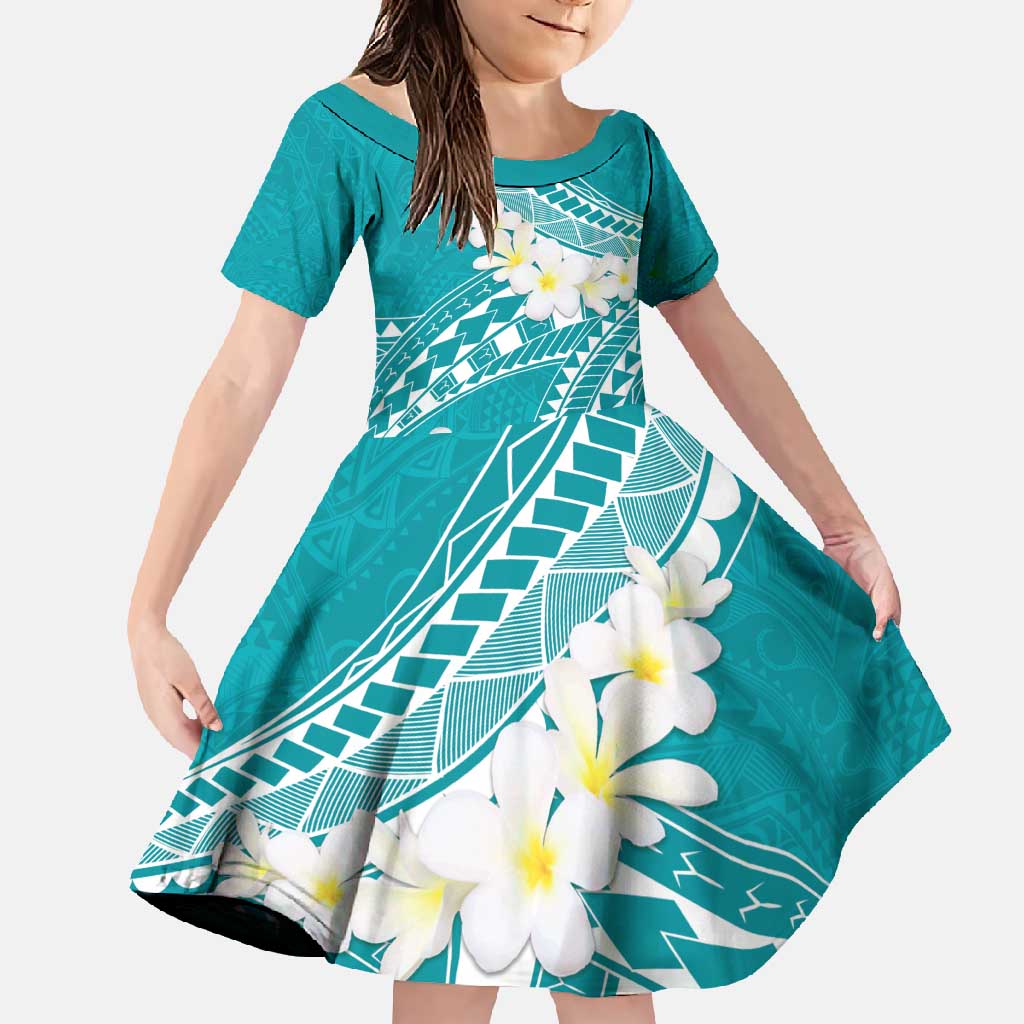 Polynesian Vintage Floral Family Matching Summer Maxi Dress and Hawaiian Shirt Teal Motifs LT7 Daughter's Dress Teal - Polynesian Pride