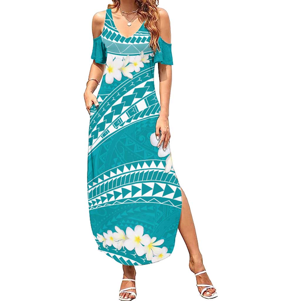 Polynesian Vintage Floral Family Matching Summer Maxi Dress and Hawaiian Shirt Teal Motifs LT7 Mom's Dress Teal - Polynesian Pride