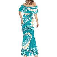 Polynesian Vintage Floral Mermaid Dress Teal Motifs LT7 - Polynesian Pride