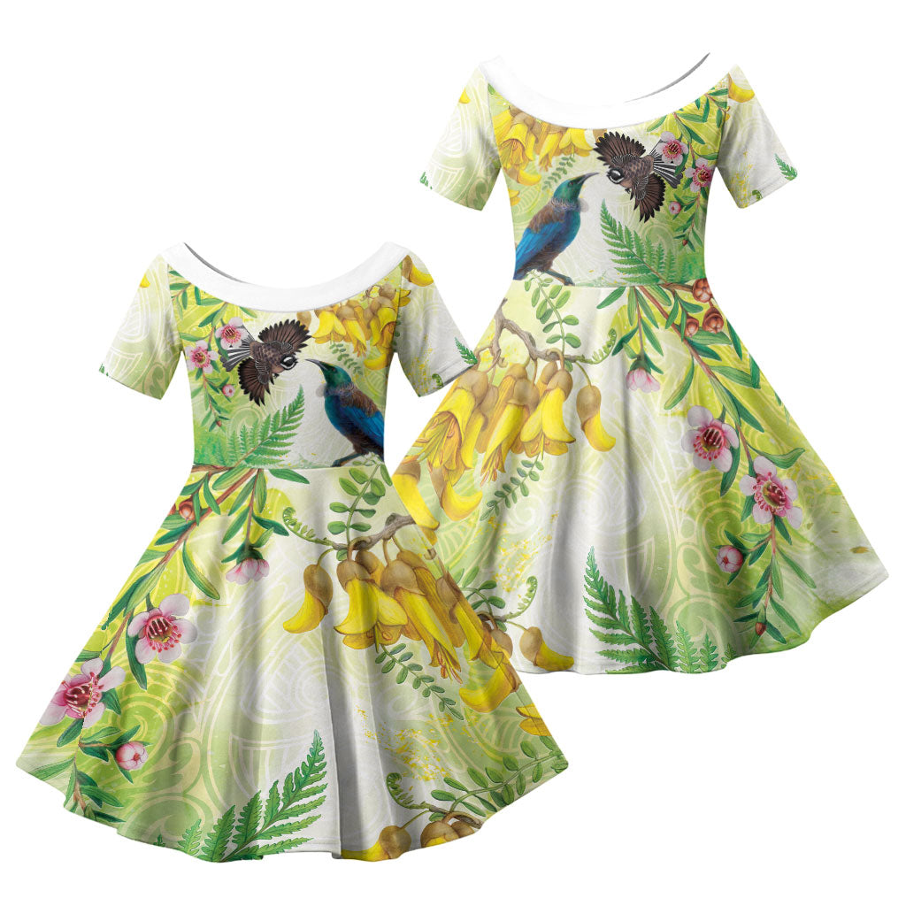 New Zealand Maori Mahuru Family Matching Mermaid Dress and Hawaiian Shirt Tui With Pikawakawa Spring Colors LT7 Daughter's Dress Multicolor - Polynesian Pride