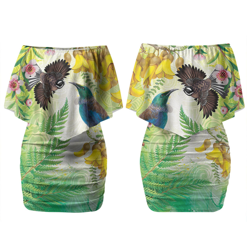 New Zealand Maori Mahuru Family Matching Off Shoulder Short Dress and Hawaiian Shirt Tui With Pikawakawa Spring Colors LT7 Mom's Dress Multicolor - Polynesian Pride