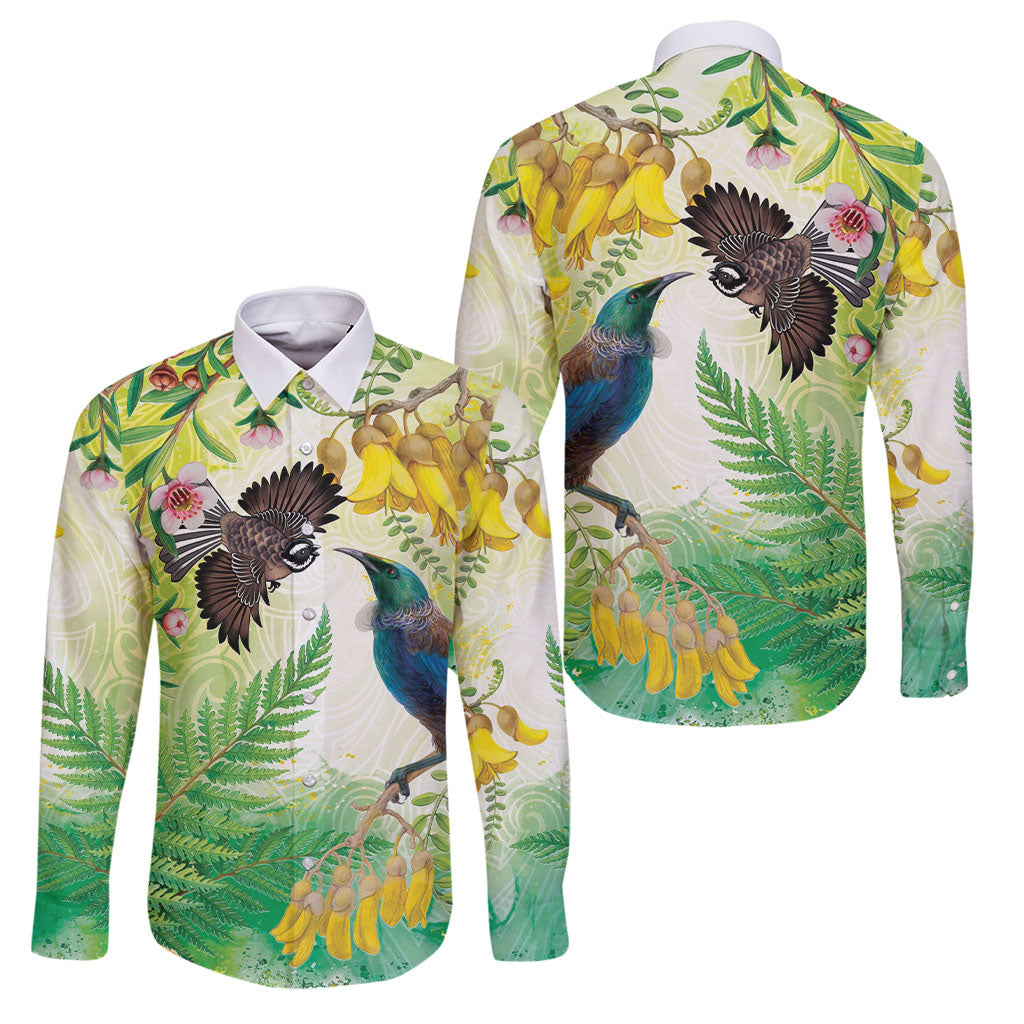 New Zealand Maori Mahuru Family Matching Short Sleeve Bodycon Dress and Hawaiian Shirt Tui With Pikawakawa Spring Colors LT7 Dad's Shirt - Long Sleeve Multicolor - Polynesian Pride