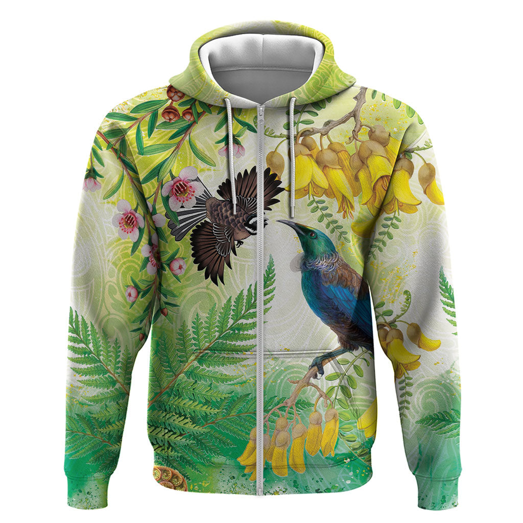 New Zealand Maori Mahuru Hoodie Tui With Pikawakawa Spring Colors LT7 Zip Hoodie Multicolor - Polynesian Pride