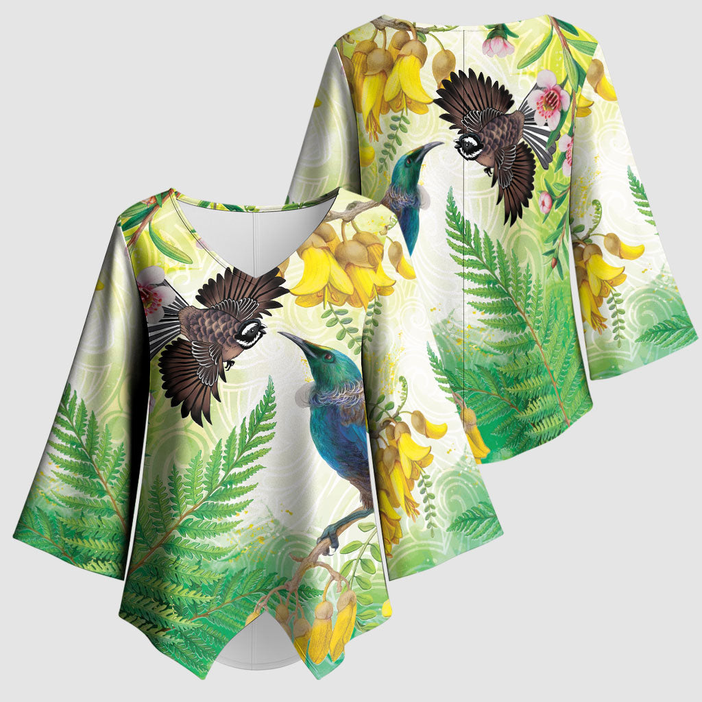 New Zealand Maori Mahuru Kimono Sleeve Blouse Tui With Pikawakawa Spring Colors LT7 - Polynesian Pride