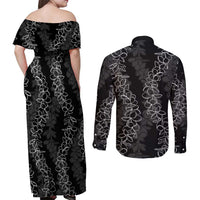Hawaii Plumeria Lei Couples Matching Off Shoulder Maxi Dress and Long Sleeve Button Shirt Aloha Festive Vibe