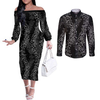 Hawaii Plumeria Lei Couples Matching Off The Shoulder Long Sleeve Dress and Long Sleeve Button Shirt Aloha Festive Vibe