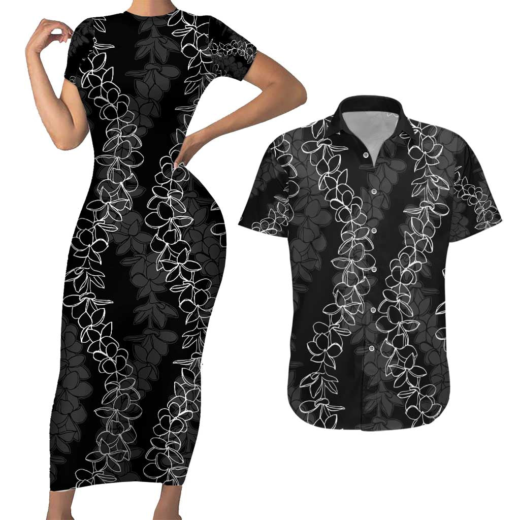 Hawaii Plumeria Lei Couples Matching Short Sleeve Bodycon Dress and Hawaiian Shirt Aloha Festive Vibe LT7 Black - Polynesian Pride