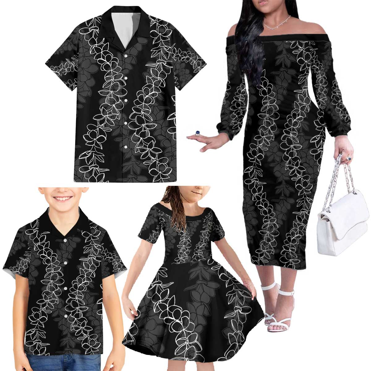 Hawaii Plumeria Lei Family Matching Off The Shoulder Long Sleeve Dress and Hawaiian Shirt Aloha Festive Vibe LT7 - Polynesian Pride