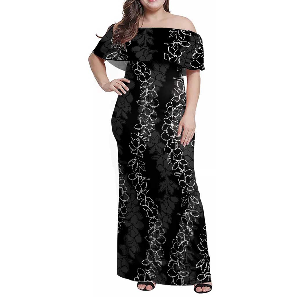 Hawaii Plumeria Lei Family Matching Off Shoulder Maxi Dress and Hawaiian Shirt Aloha Festive Vibe LT7 Mom's Dress Black - Polynesian Pride
