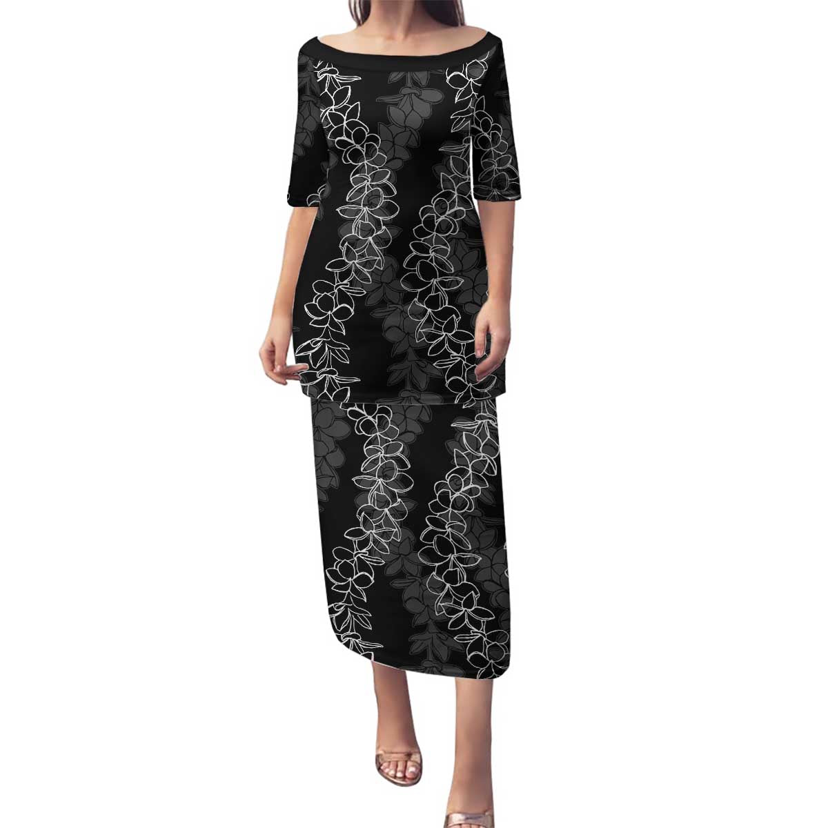 Hawaii Plumeria Lei Family Matching Puletasi and Hawaiian Shirt Aloha Festive Vibe LT7 Mom's Dress Black - Polynesian Pride
