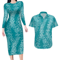 Hawaii Plumeria Lei Couples Matching Long Sleeve Bodycon Dress and Hawaiian Shirt Aloha Festive Vibe - Teal LT7 Teal - Polynesian Pride