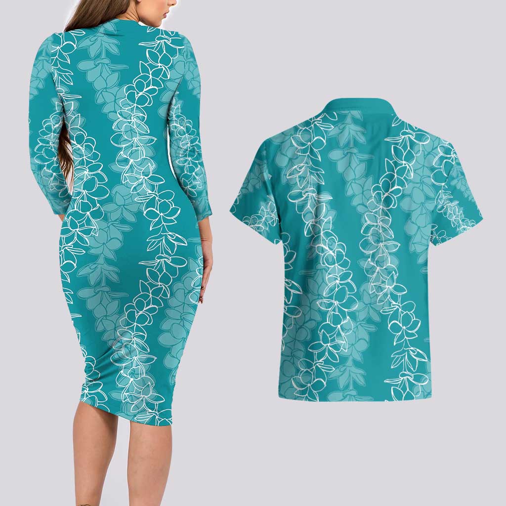 Hawaii Plumeria Lei Couples Matching Long Sleeve Bodycon Dress and Hawaiian Shirt Aloha Festive Vibe - Teal LT7 - Polynesian Pride