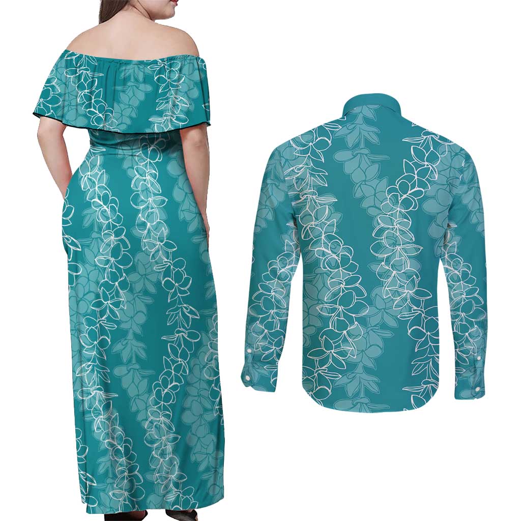 Hawaii Plumeria Lei Couples Matching Off Shoulder Maxi Dress and Long Sleeve Button Shirt Aloha Festive Vibe - Teal