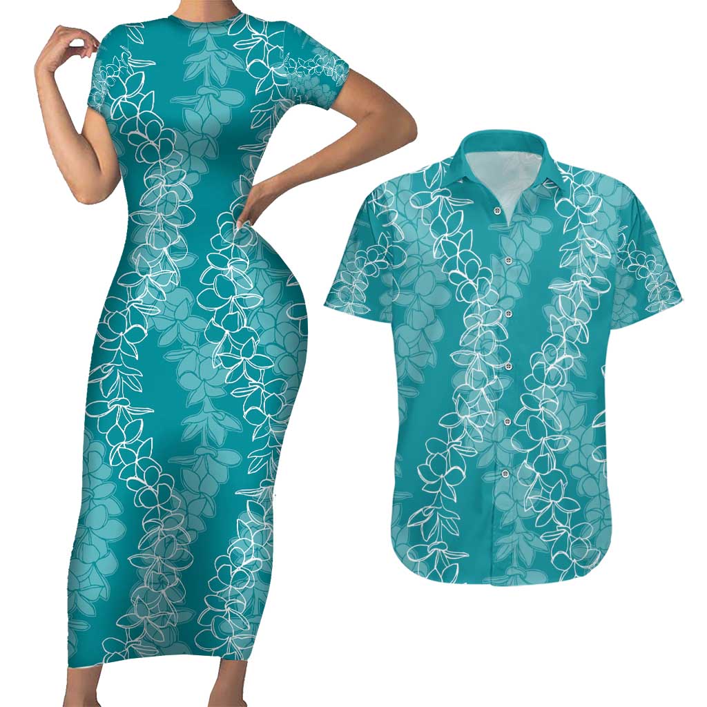 Hawaii Plumeria Lei Couples Matching Short Sleeve Bodycon Dress and Hawaiian Shirt Aloha Festive Vibe - Teal LT7 Teal - Polynesian Pride