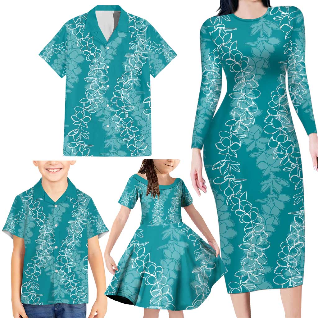 Hawaii Plumeria Lei Family Matching Long Sleeve Bodycon Dress and Hawaiian Shirt Aloha Festive Vibe - Teal LT7 - Polynesian Pride