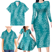 Hawaii Plumeria Lei Family Matching Long Sleeve Bodycon Dress and Hawaiian Shirt Aloha Festive Vibe - Teal LT7 - Polynesian Pride