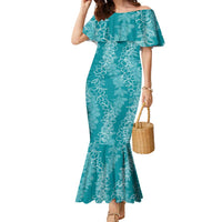 Hawaii Plumeria Lei Family Matching Mermaid Dress and Hawaiian Shirt Aloha Festive Vibe - Teal LT7 Mom's Dress Teal - Polynesian Pride
