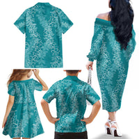 Hawaii Plumeria Lei Family Matching Off The Shoulder Long Sleeve Dress and Hawaiian Shirt Aloha Festive Vibe - Teal LT7 - Polynesian Pride
