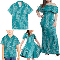 Hawaii Plumeria Lei Family Matching Off Shoulder Maxi Dress and Hawaiian Shirt Aloha Festive Vibe - Teal LT7 - Polynesian Pride