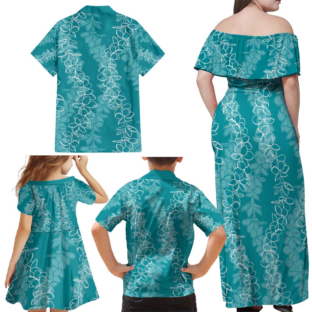 Hawaii Plumeria Lei Family Matching Off Shoulder Maxi Dress and Hawaiian Shirt Aloha Festive Vibe - Teal LT7 - Polynesian Pride