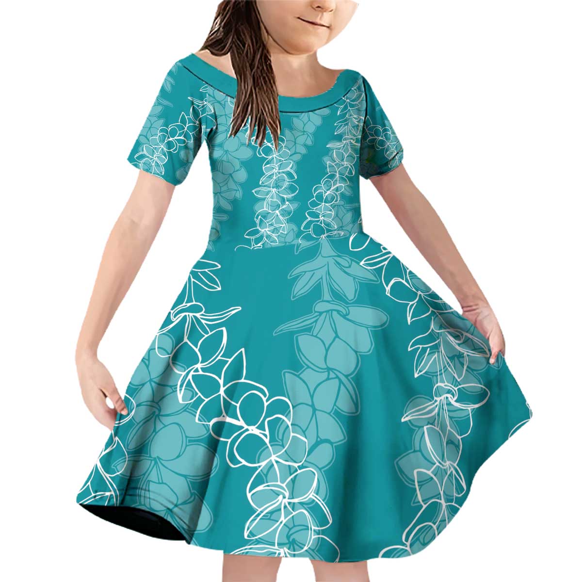 Hawaii Plumeria Lei Family Matching Off Shoulder Short Dress and Hawaiian Shirt Aloha Festive Vibe - Teal LT7 Daughter's Dress Teal - Polynesian Pride