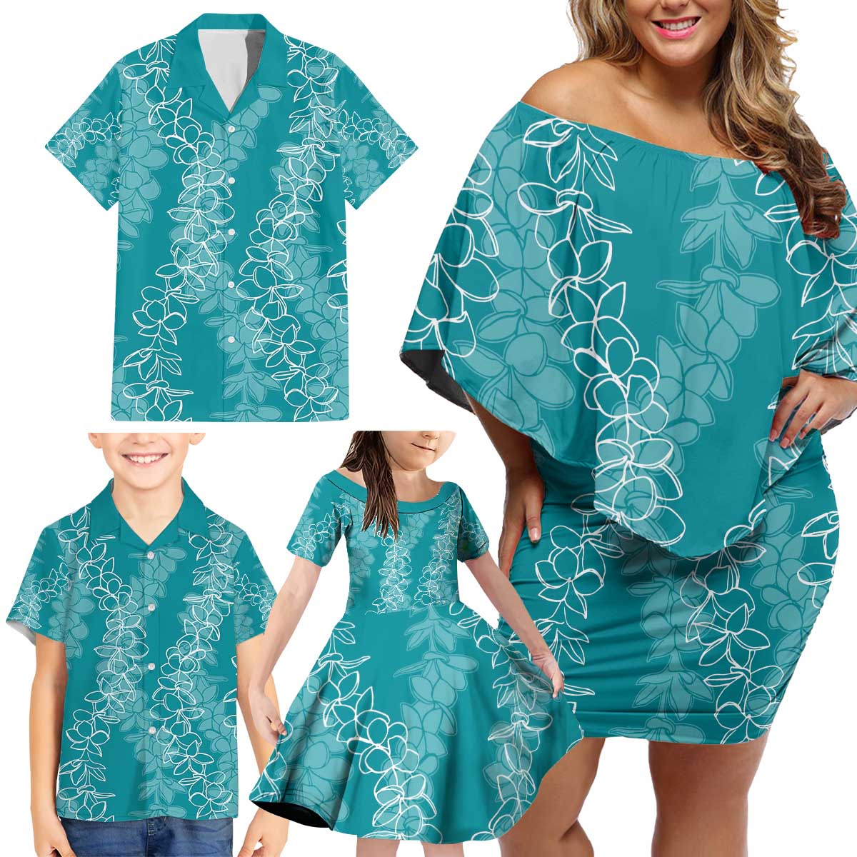 Hawaii Plumeria Lei Family Matching Off Shoulder Short Dress and Hawaiian Shirt Aloha Festive Vibe - Teal LT7 - Polynesian Pride