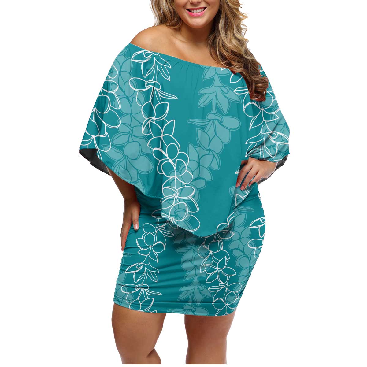 Hawaii Plumeria Lei Family Matching Off Shoulder Short Dress and Hawaiian Shirt Aloha Festive Vibe - Teal LT7 Mom's Dress Teal - Polynesian Pride