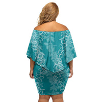 Hawaii Plumeria Lei Family Matching Off Shoulder Short Dress and Hawaiian Shirt Aloha Festive Vibe - Teal LT7 - Polynesian Pride