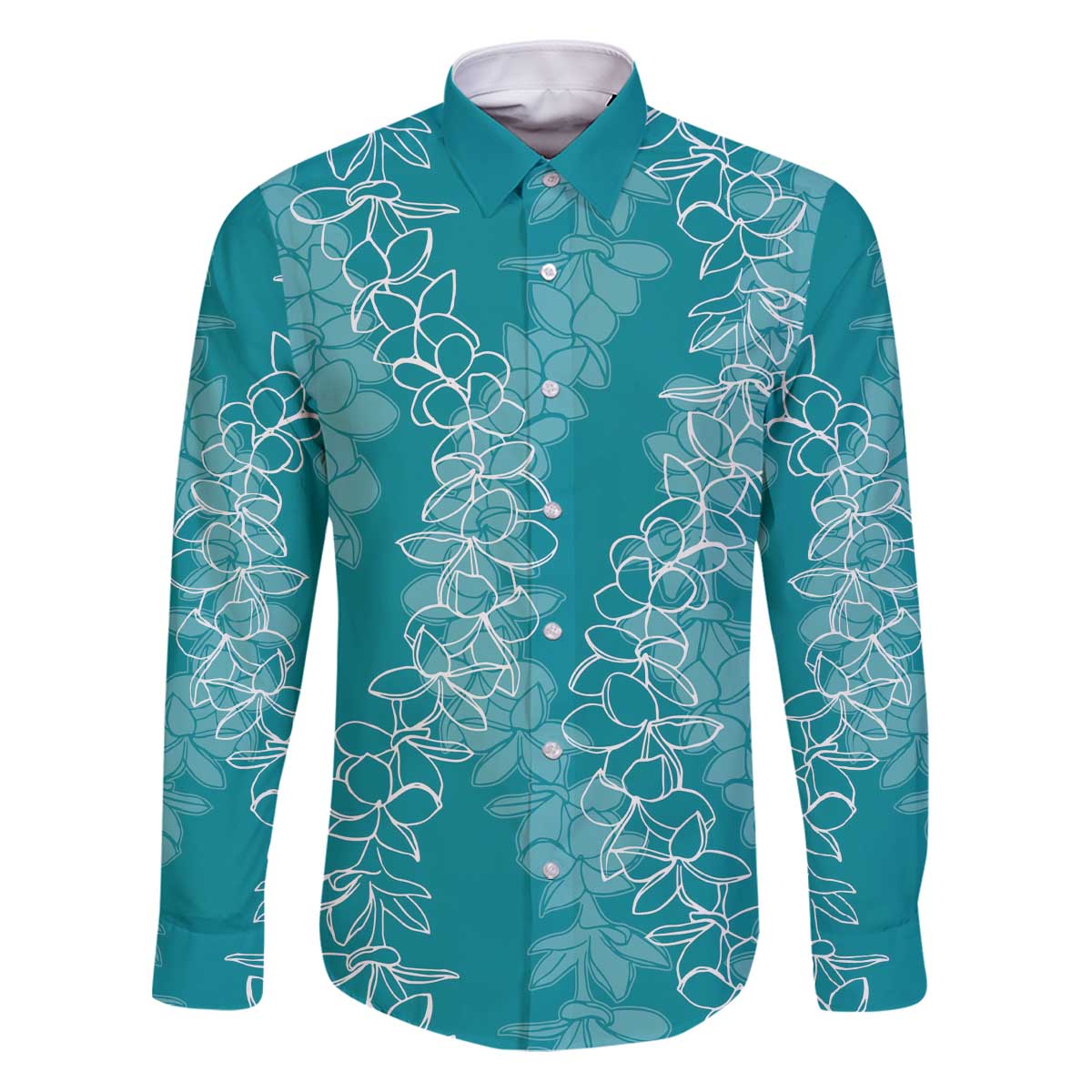 Hawaii Plumeria Lei Family Matching Puletasi and Hawaiian Shirt Aloha Festive Vibe - Teal LT7 Dad's Shirt - Long Sleeve Teal - Polynesian Pride