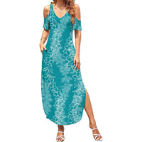 Hawaii Plumeria Lei Family Matching Summer Maxi Dress and Hawaiian Shirt Aloha Festive Vibe - Teal LT7 Mom's Dress Teal - Polynesian Pride