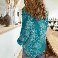 Hawaii Plumeria Lei Women Casual Shirt Aloha Festive Vibe - Teal