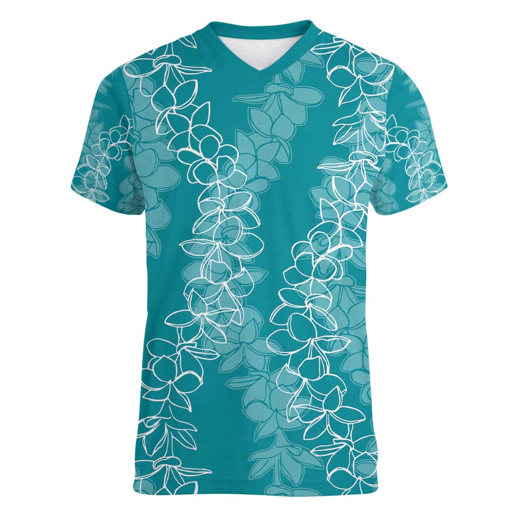 Hawaii Plumeria Lei Women V-Neck T-Shirt Aloha Festive Vibe - Teal